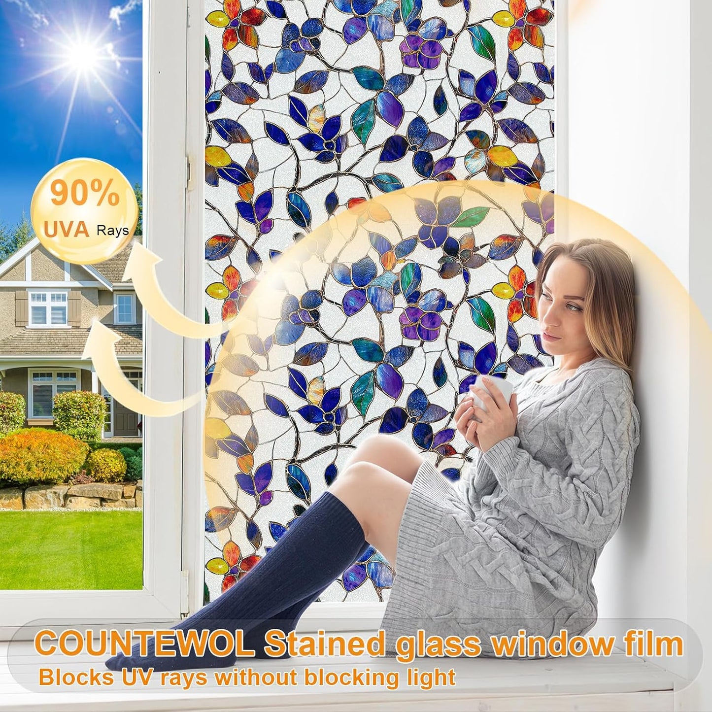 Window Privacy Film Stain Glass Window Film Rainbow Window Film Window clings Non-Adhesive Reusable Decorative for Room (Frosted Stained Leaf, 23.6 x 78.7 in)