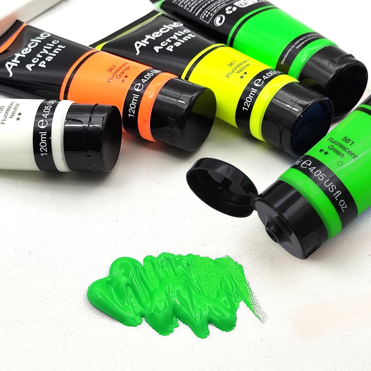 Artecho Glow in the Dark Paint, Neon Green Paint (120ml / 4.05oz) Tubes, Art Craft Paints for Canvas, Rock, Stone, Wood, Fabric, Art Supplies