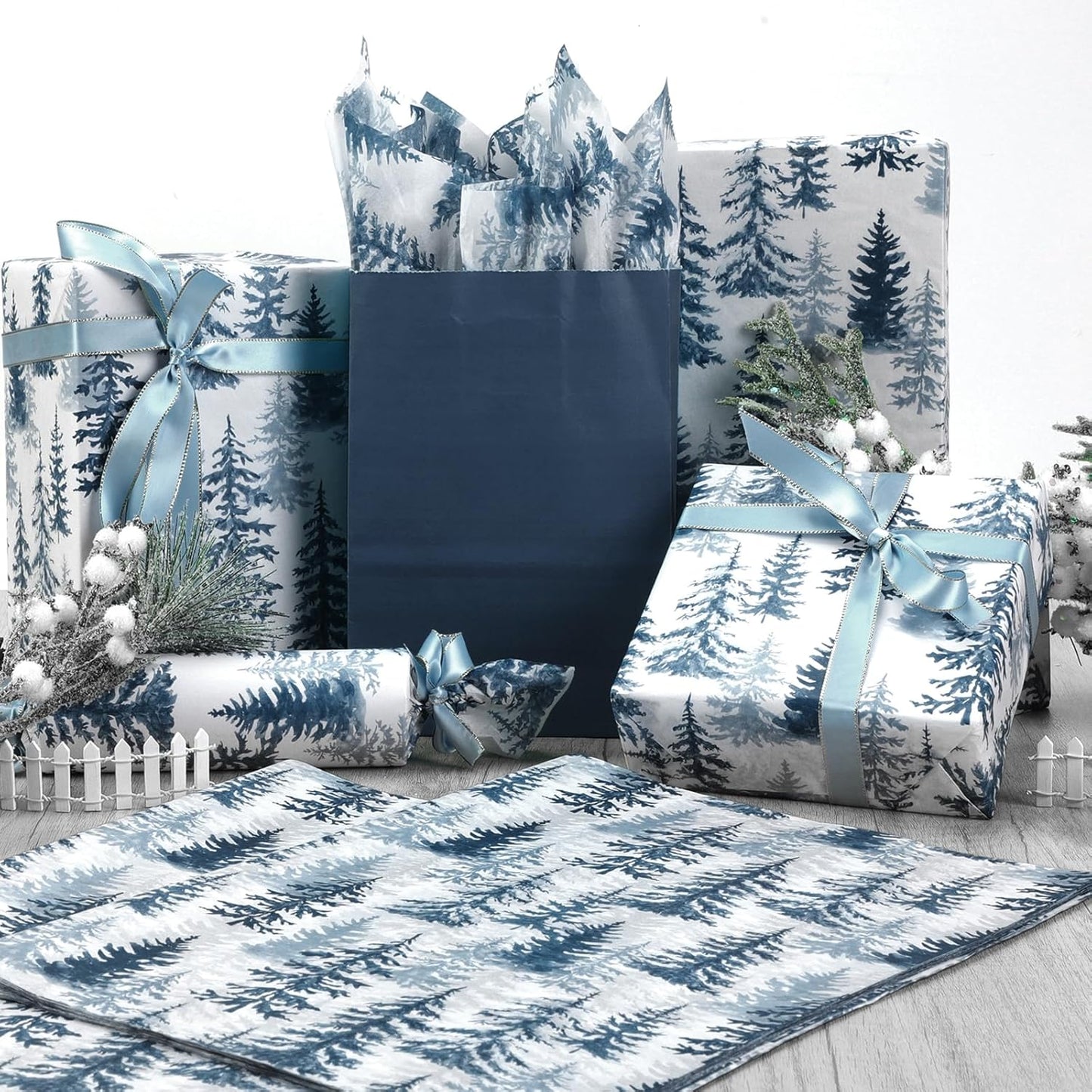 100 Sheets Christmas Tree Tissue Paper, 20x14in Forest Style Wrapping Tissue Watercolor Xmas Tree Art Tissue for Xmas Party Gift Bag Fillers Winter Party Decor (Blue)