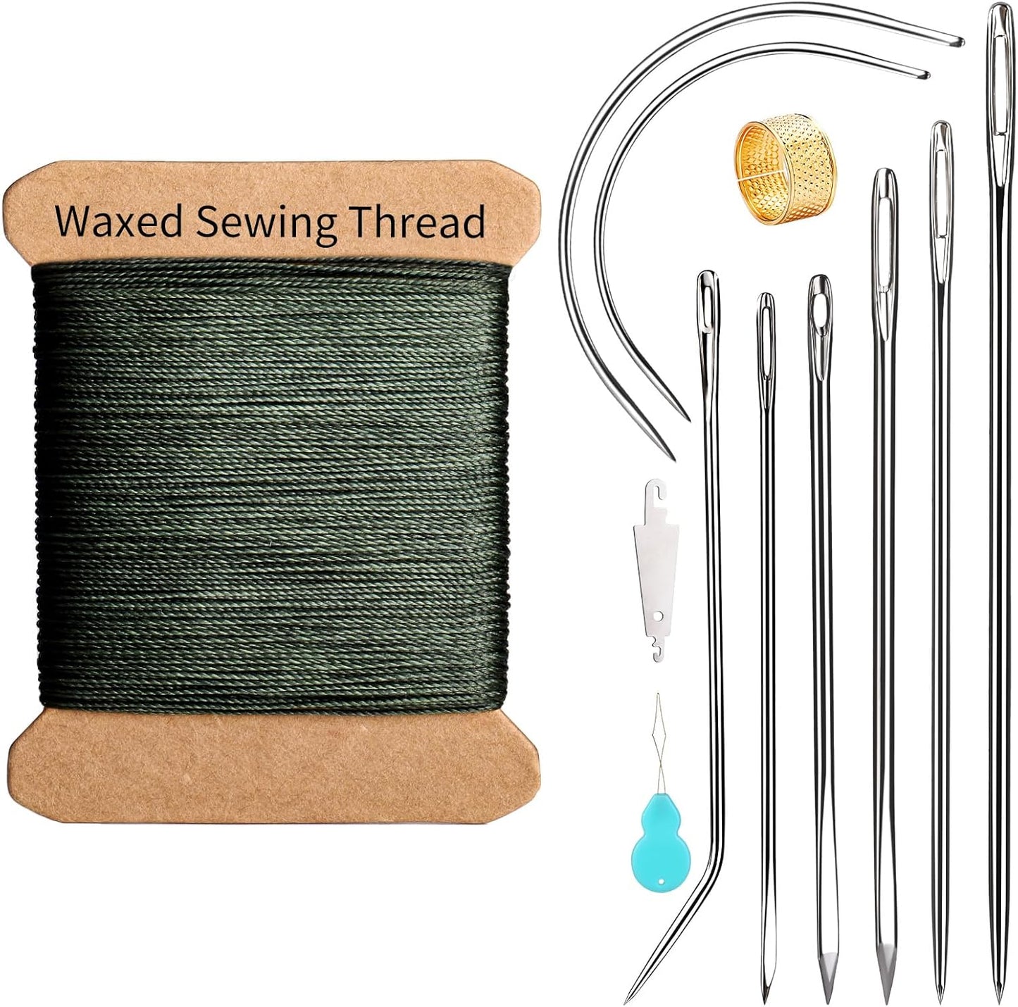 Repair Sewing Kit, Upholstery Needle and Thread Kit with 32 Yard Waxed Thread and 8 Pcs Heavy Duty Leather Needles for Hand Stitching, Canvas & Quilting - 0.55mm Round Waxed Green