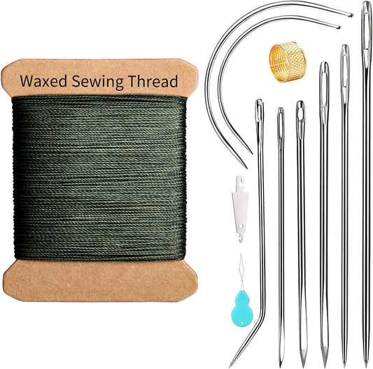 Repair Sewing Kit, Upholstery Needle and Thread Kit with 32 Yard Waxed Thread and 8 Pcs Heavy Duty Leather Needles for Hand Stitching, Canvas & Quilting - 0.55mm Round Waxed Green