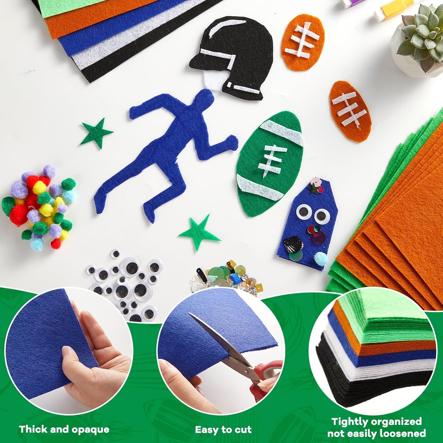 gisgfim 42Pcs Football Felt Fabric Sheets Craft Kit 8 x 12 Inch Green Brown Assorted Colors Thick Felt Pack with Wiggle Google Eyes Pompoms Glitter Patchwork Craft for DIY Sewing Art Project Decor