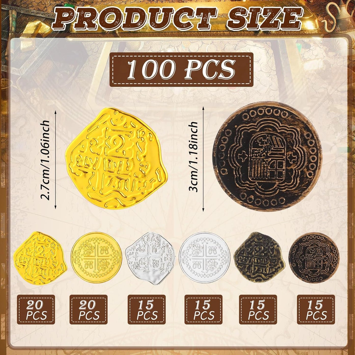 Hanaive 100 Pcs Pirate Coins Plastic Coins Kids Fake Play Coins Replica Spanish Doubloons St. Patrick's Coin for Pirate Party Treasure Chest Board Games Tokens Toys Cosplay (Gold, Silver, Bronze)