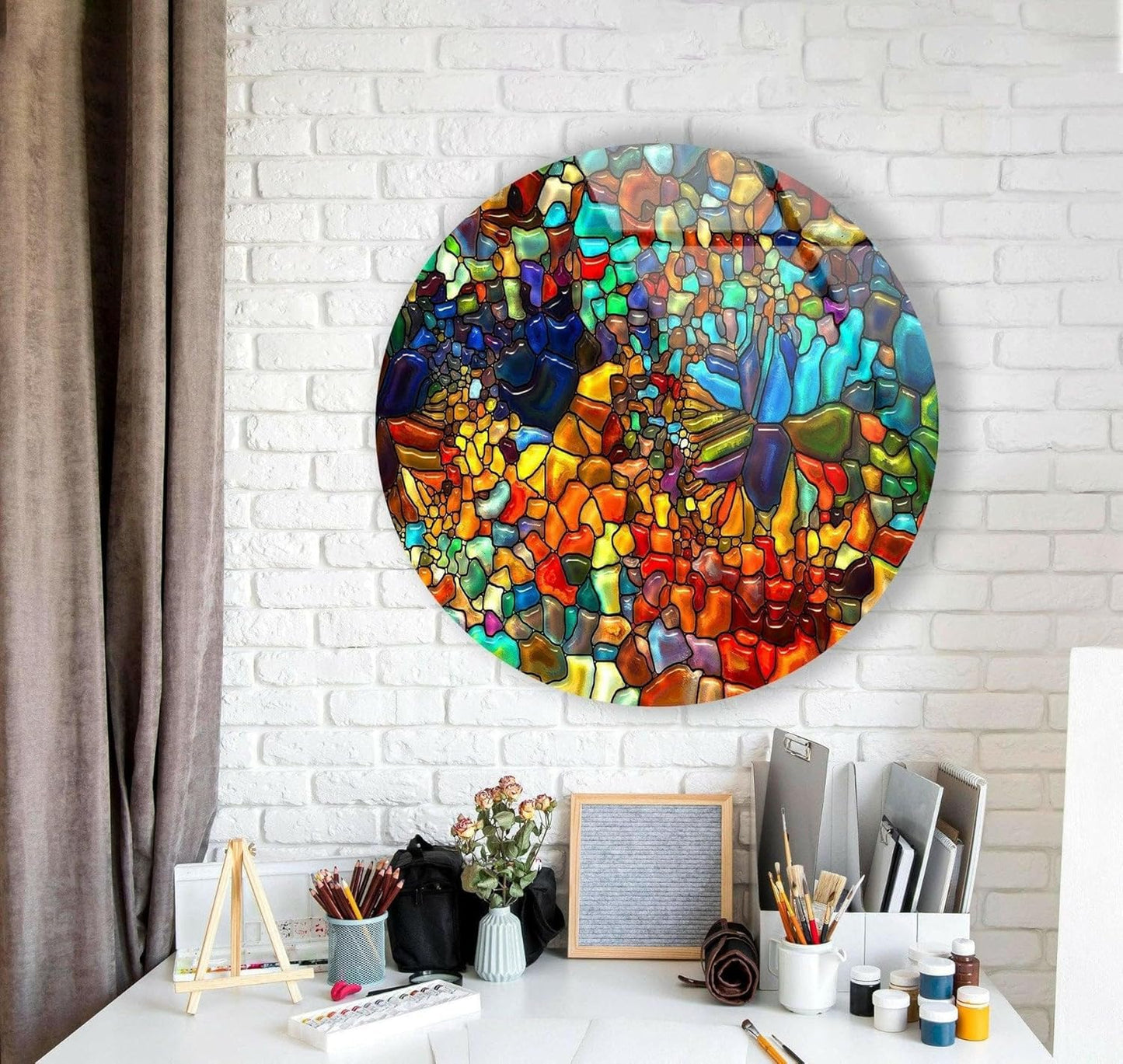 My Photostation.com 27.5''(70cm) Diameter Red Mosaic Round Glass Wall Art Tempered Glass Printing Wall Decor Large Wall Art Wall Hangings