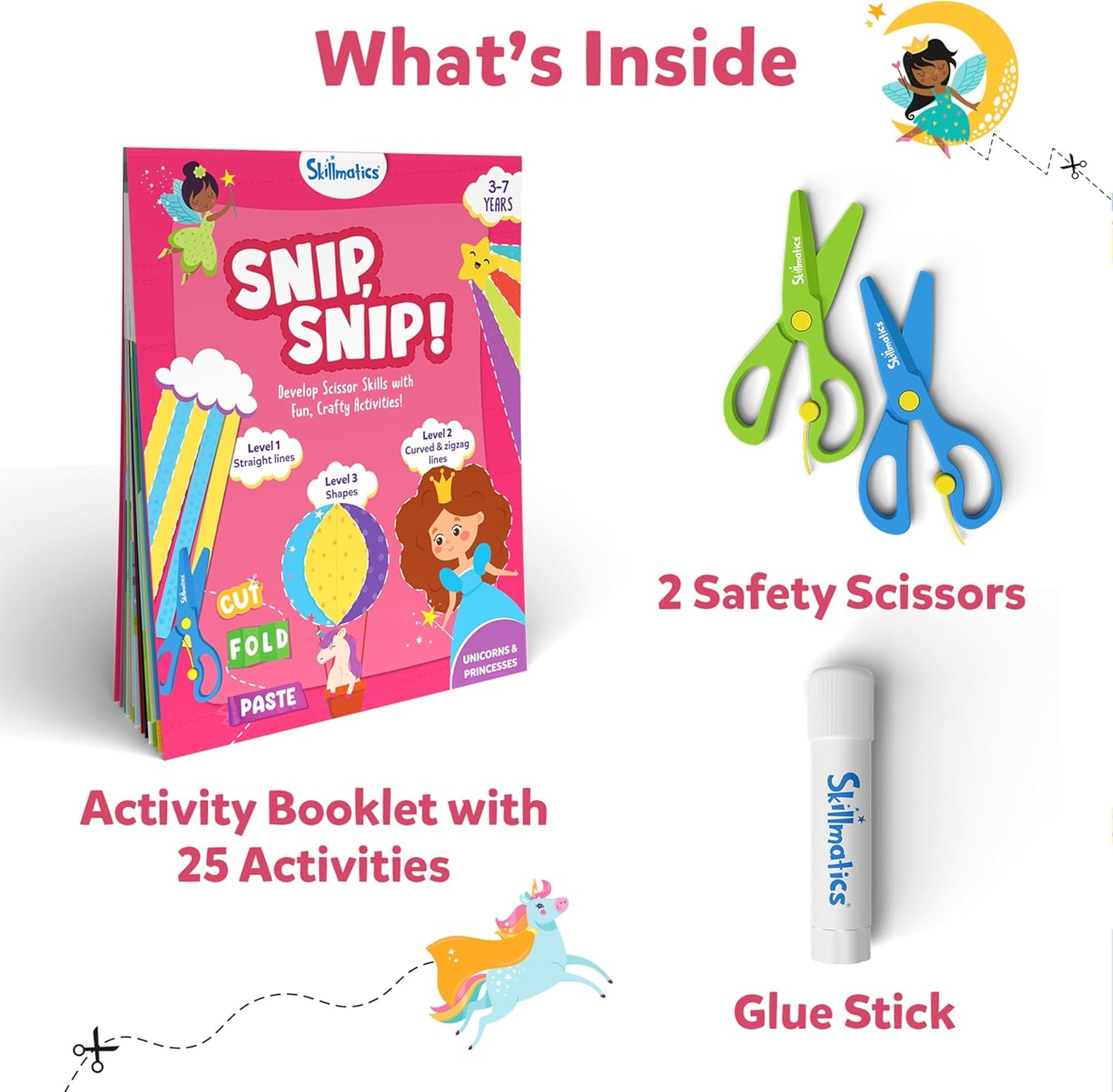 Skillmatics Scissor Skills Activity Book - Snip Snip Unicorns & Princesses, Stocking Stuffers, 25 Fun Cutting Activities, 2 Child-Safe Scissors, Felt Craft Kit, Christmas Gifts for Ages 3, 4, 5, 6, 7