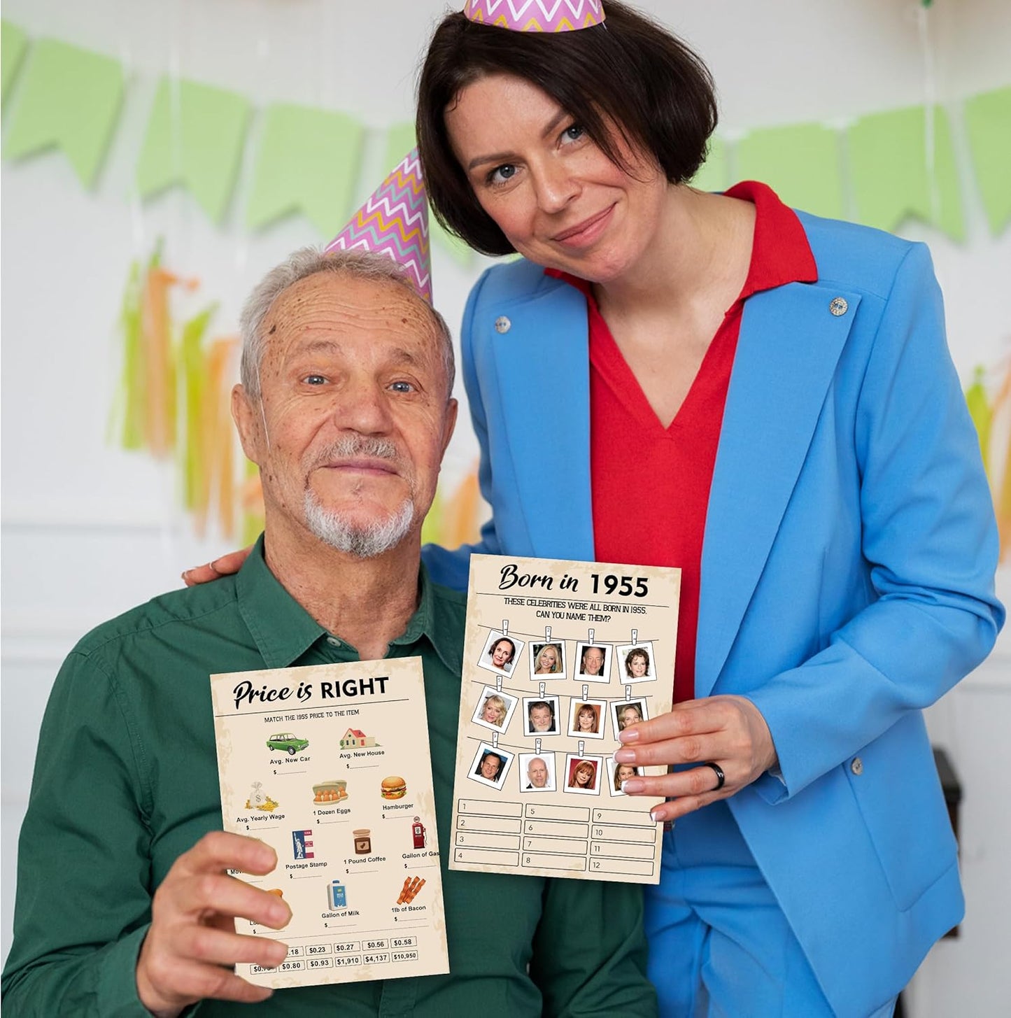 70th Birthday Party Games, Set of 2 Activities for 15 Guests, Born in 1955 Games Bundle, Birthday Party Supplies for Adults, Pack of 30 Cards