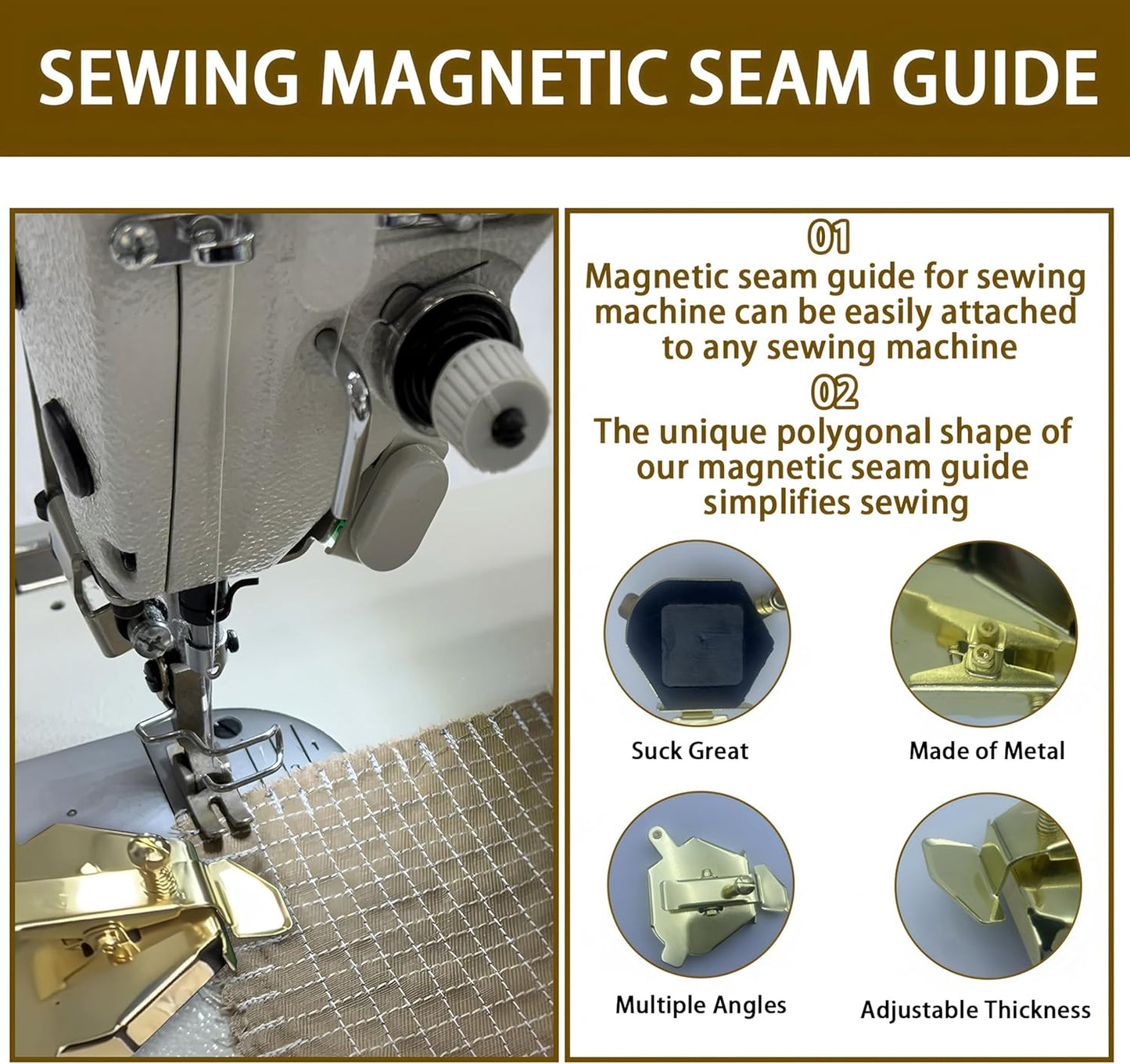 Magnetic Sewing Guide,Upgraded Multi-Purpose Magnetic Seam Guide for Sewing Machine,Quilting Accessory for Professionals&Beginner,Edge Retaining/Positioning/Anti-Curling/Pressing of Topstitching(Gold)