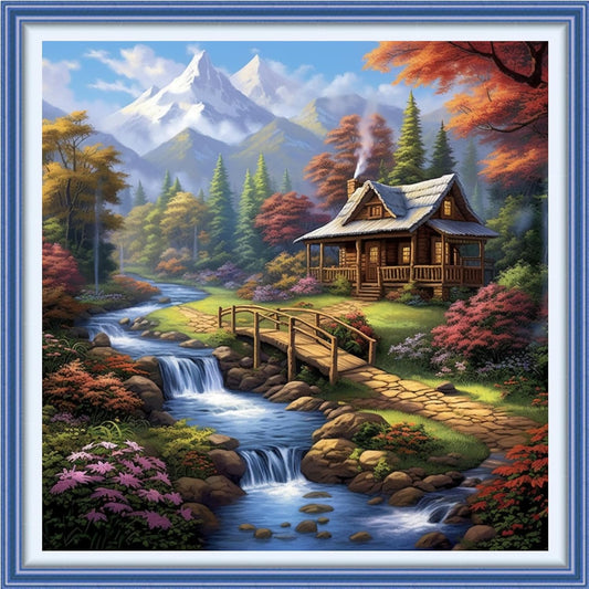 DMCVIVR Stamped Cross Stitch Kits for Adults Beginners Embroidery Kits 11CT Needlepoint Kits Cross Stitch Patterns Embroidery Patterns&Creek Scenery 18x18 inch