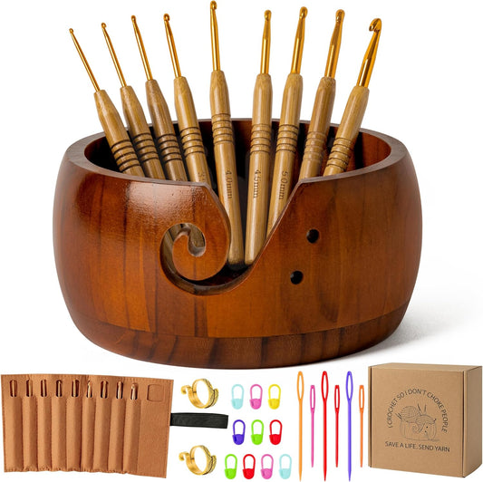 WATINC Wooden Yarn Bowl Holder Set - Large Crochet Yarn Storage Bowls with 9pcs Metal Knitting Hooks, Adjustable Loop Ring Stitch Markers with Box Crochet Gifts for Knitters Crocheters (Dark Brown