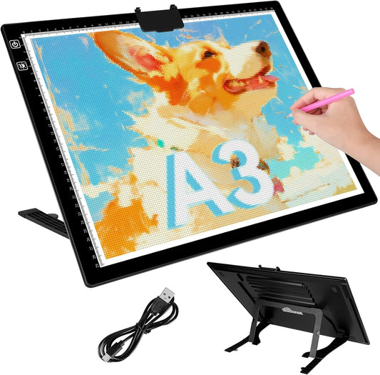 Bylitodt Rechargeable A3 Light Pad, Diamond Art Light Board, Lightbox for Tracing and Drawing with 3 Colors & 6 Brightness, Tracing Pad for Weeding Vinyl, Sketching, Diamond Painting Accessories