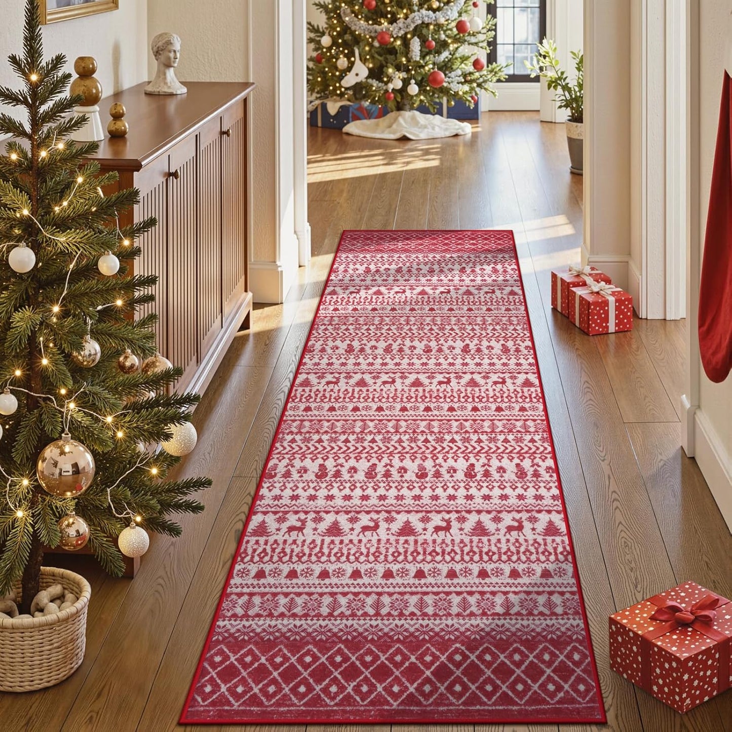 Christmas Runner Rug, 2x6 Red Christmas Kitchen Runner Rug, Non-Slip Washable Indoor Door Mat, Winter Xmas Holiday Floor Decor Carpet Runners for Hallways Bedroom Laundry Room