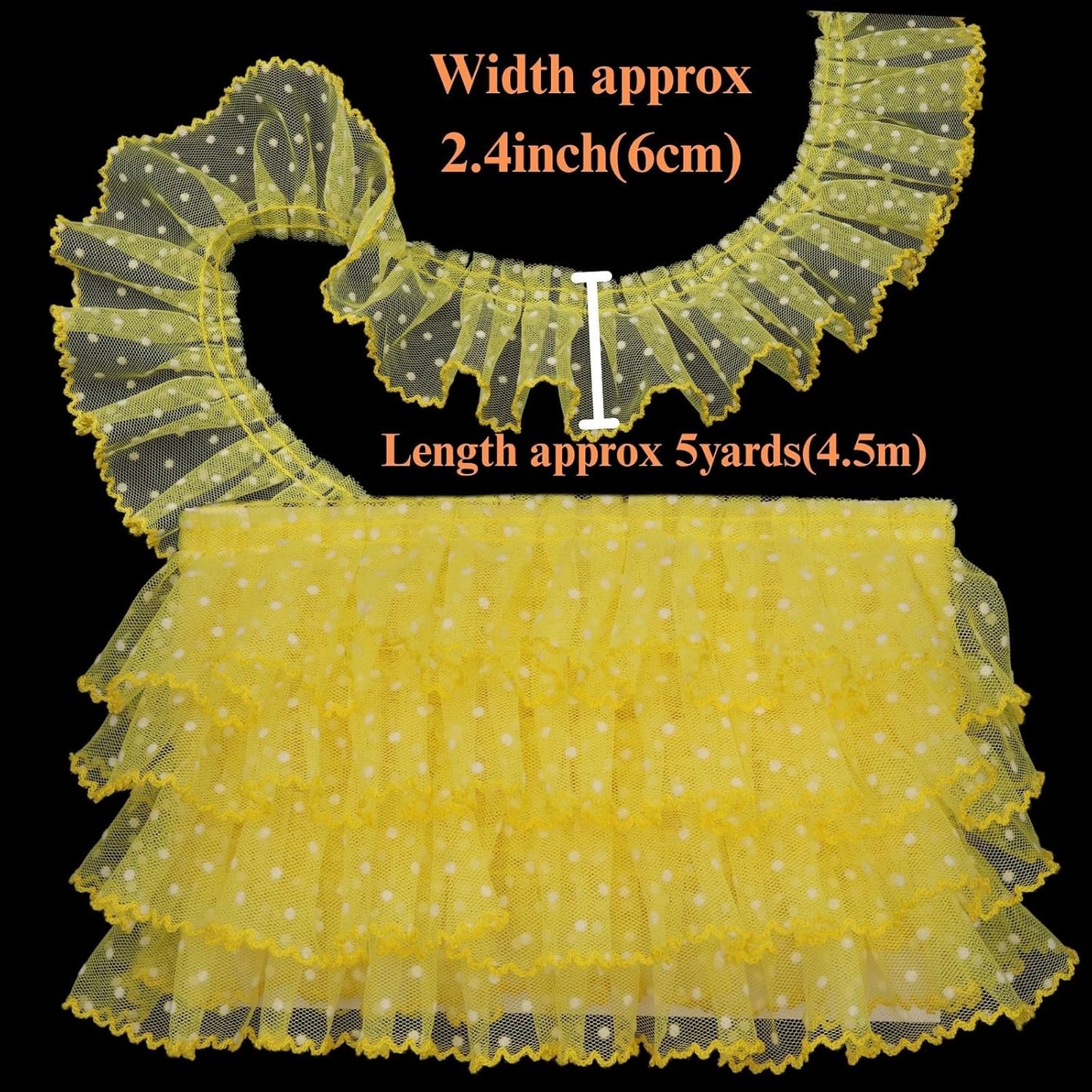 Dots Lace Ruffle Trim for Sew, Crafts 2.4" x5yd Single Layer Pleated Edge Lace Ribbon (Yellow)