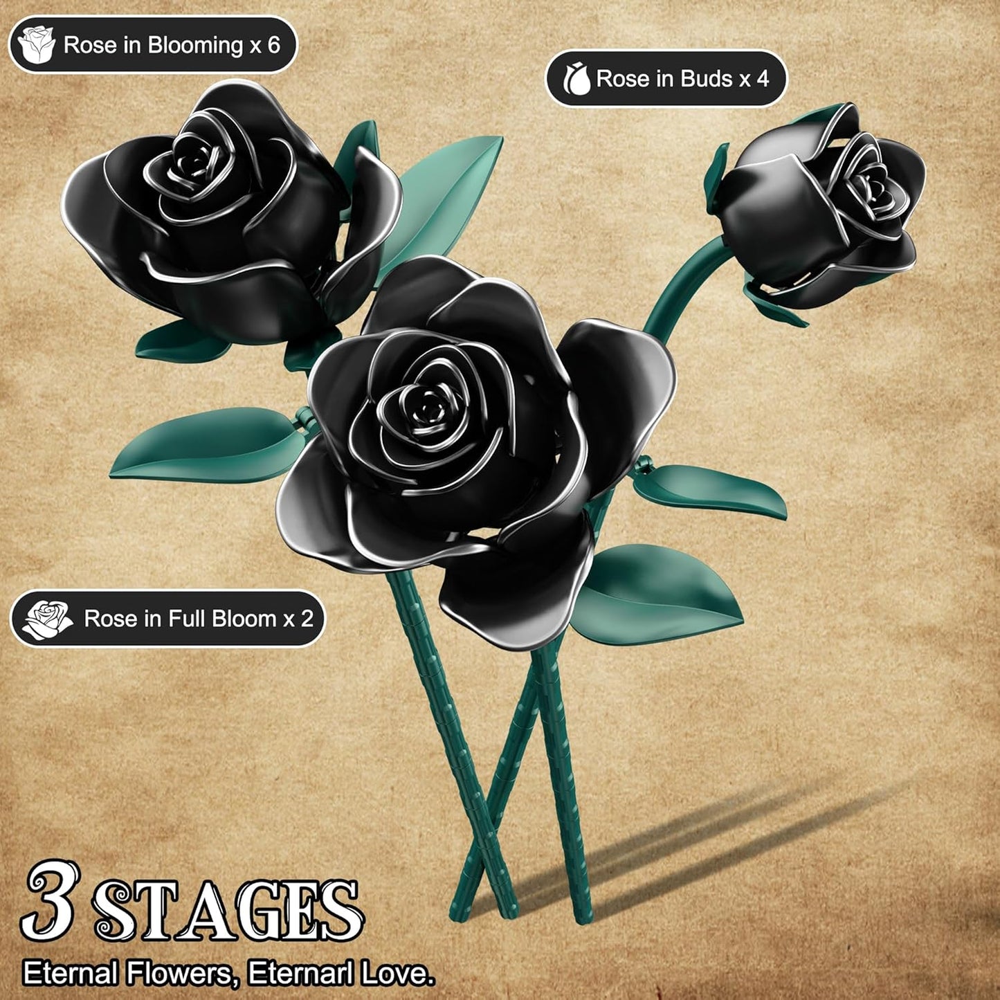 Black Roses Bouquet Building Set, 634Pcs Artificial Rose with 3 Blooming Stages, DIY Floral Home Office Decor for Adults & Kids Ages 6+, Gift for Birthday Valentine's Day Halloween Christmas