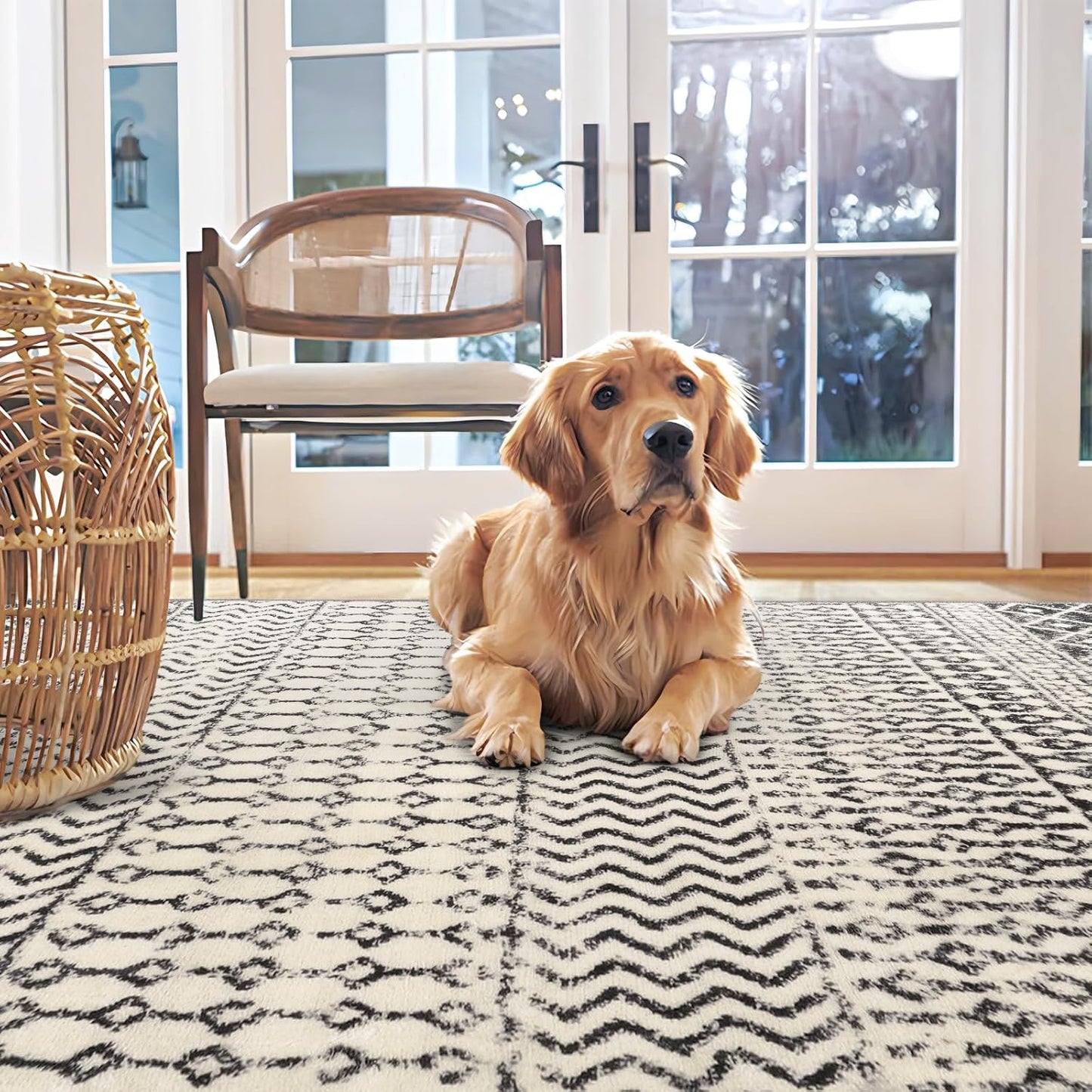 Geometric Moroccan 6x9 Rug, Ultra Soft Distressed Black Rug for Bedroom Non-Slip, Low-Pile Washable Living Room Rug Indoor Carpet for Bedroom Dining Room Classroom Dorm