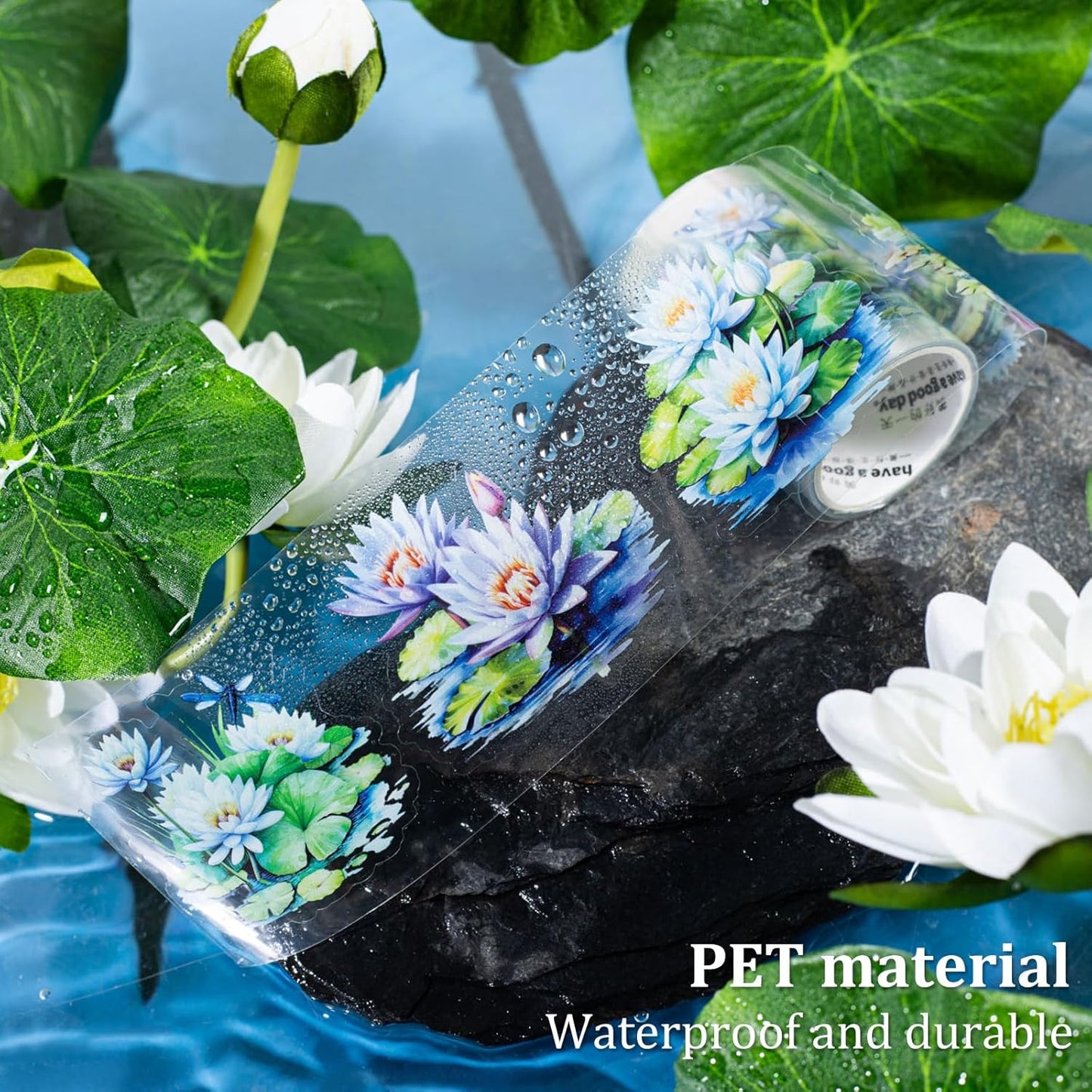 Lotus Pond PET Tape Set, 4 Rolls Pre-Cut Floral Stickers for Scrapbooking, Journaling, DIY Crafts, and Planner Decoration