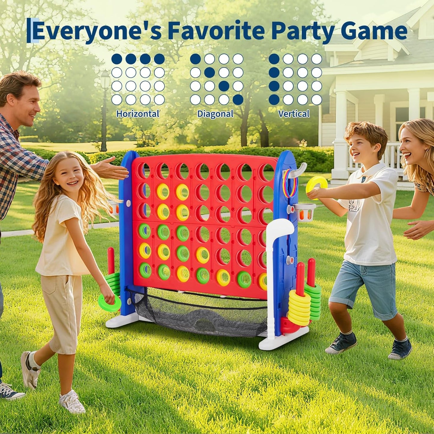 Giant 4 in a Row Game,Adjustable Height Board Jumbo 4-in-a-Row Game with Quick-Release Slider,Mini Basketball,Golf & Ring Toss Set for Family Party, Outdoor & Indoor