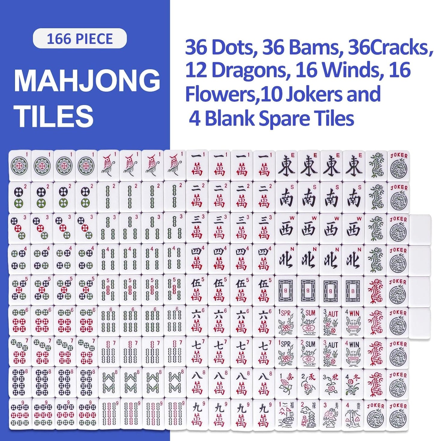 American Mahjong Tile Set with 166 Navy Blue Back Tiles (1.2”, Tiles Only)