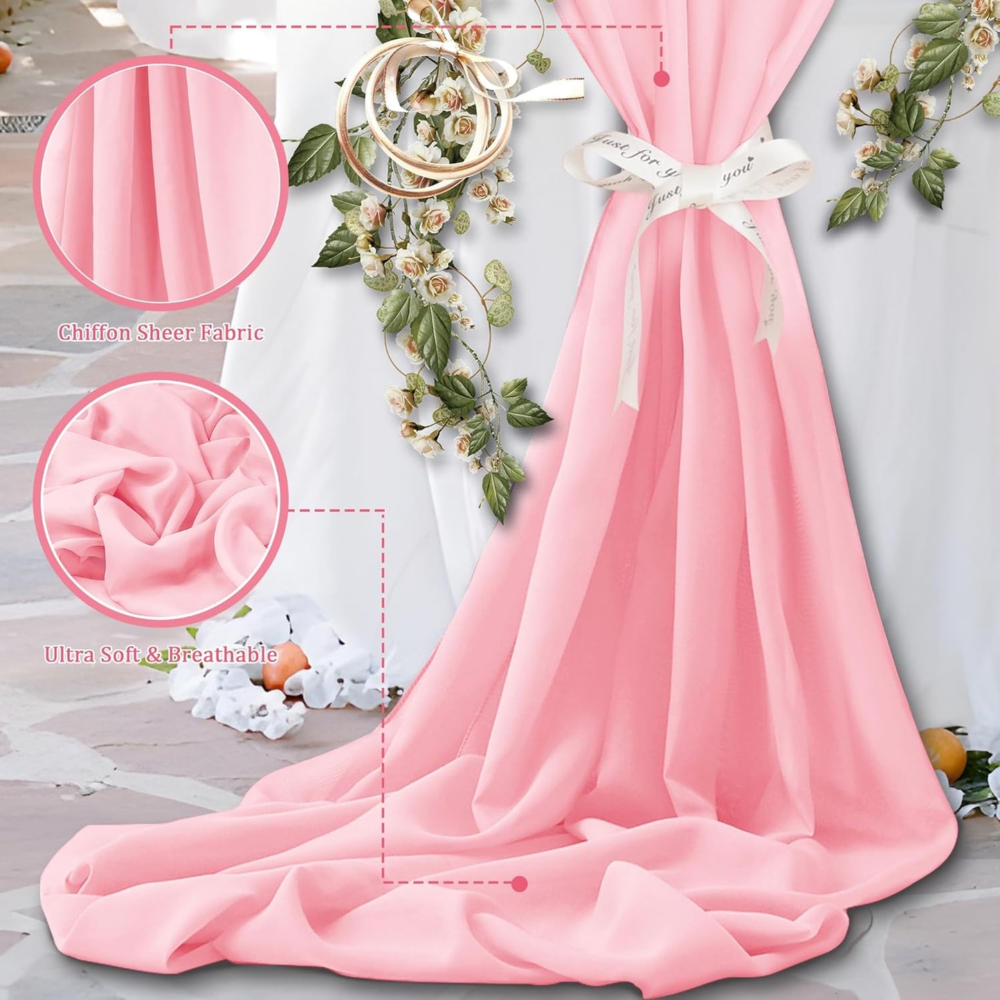 Horbaunal Light Pink Chiffon Fabric by The Yard, 5 Yard Continuous Sheer Fabric 59" Wide Soft Draping Fabric for Wedding Arch Draping Party Backdrop DIY Sewing
