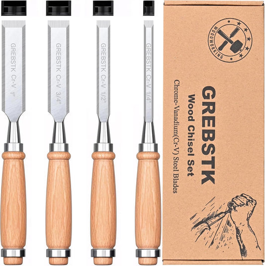 GREBSTK 4 Pcs Wood Chisel Set, CRV Steel Bevel Sharp Edge Bench Chisels with Safety Caps, Comfortful Beech Handle, for Woodworking and DIY Projects, 9.5"x(1/4", 1/2", 3/4", 1")