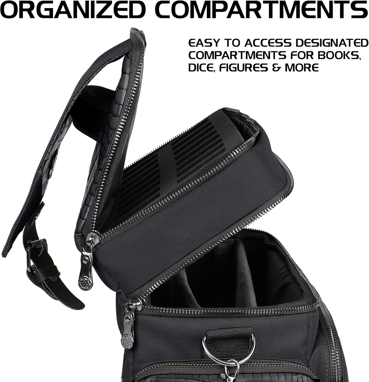 ENHANCE Collector's Edition RPG Adventurer's DND Bag - Dragon Hide Exterior Travel RPG Bag with Tabletop Miniatures Storage Vault, Mat Holder, DND Dice & Token Pockets, Fits 4-8 Books (Dragon Black)