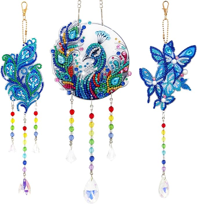 Diamond Art Kits for Teens/Adults/Beginners | DIY Arts & Crafts Birthday Gifts, 3 PCS Diamond Art Suncatcher Craft Kit Crystal Window Garden Decor Set (Peafowl Butterfly)