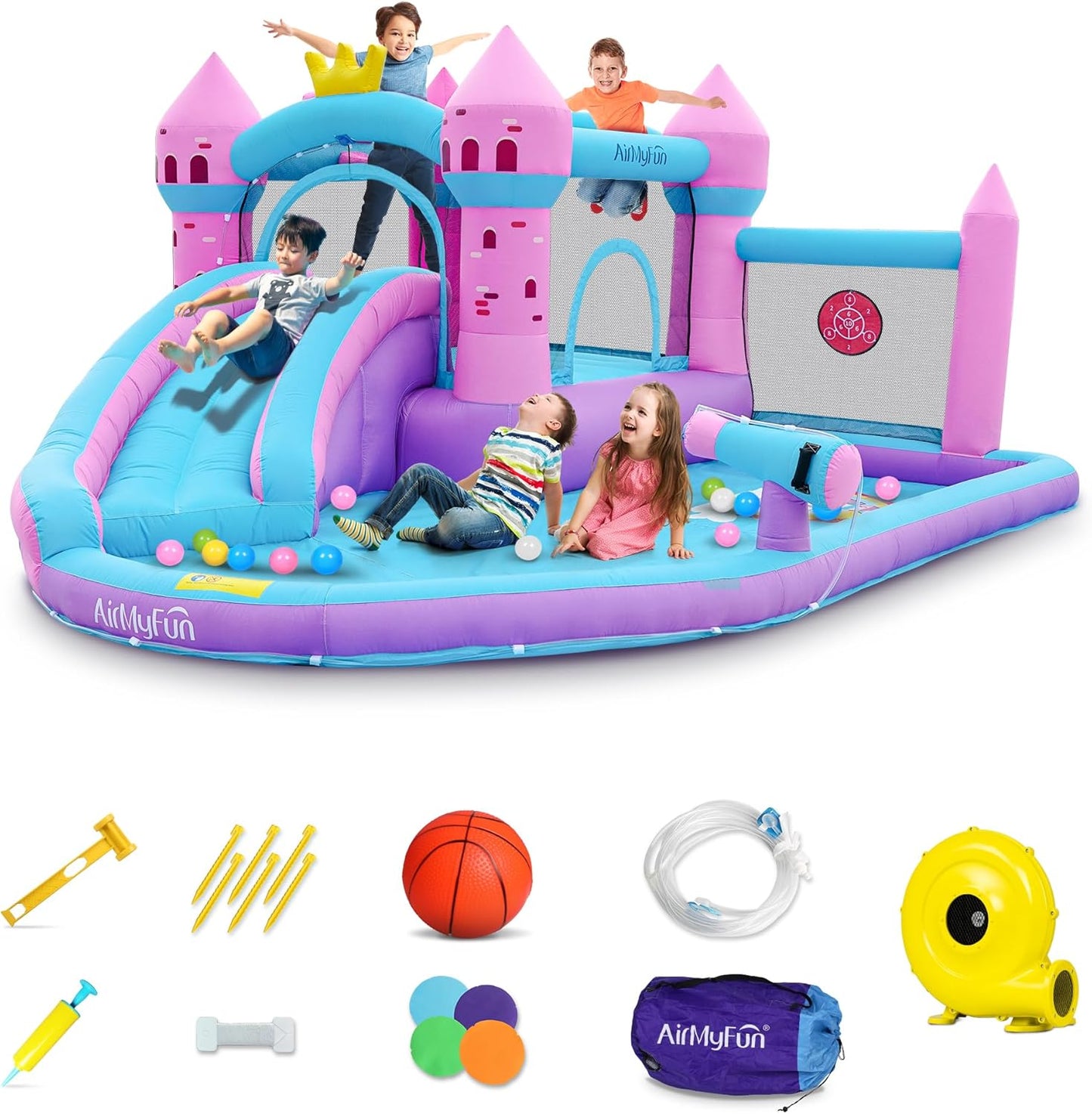 AirMyFun Pink Inflatable Waterslide, Water Bounce House for Big Kids 3-12 in The Backyard- Water Bouncy House for Wet and Dry, Splash Pool - Sturdy Outdoor Bouncer/Castle - Includes Blower& Repair Kit