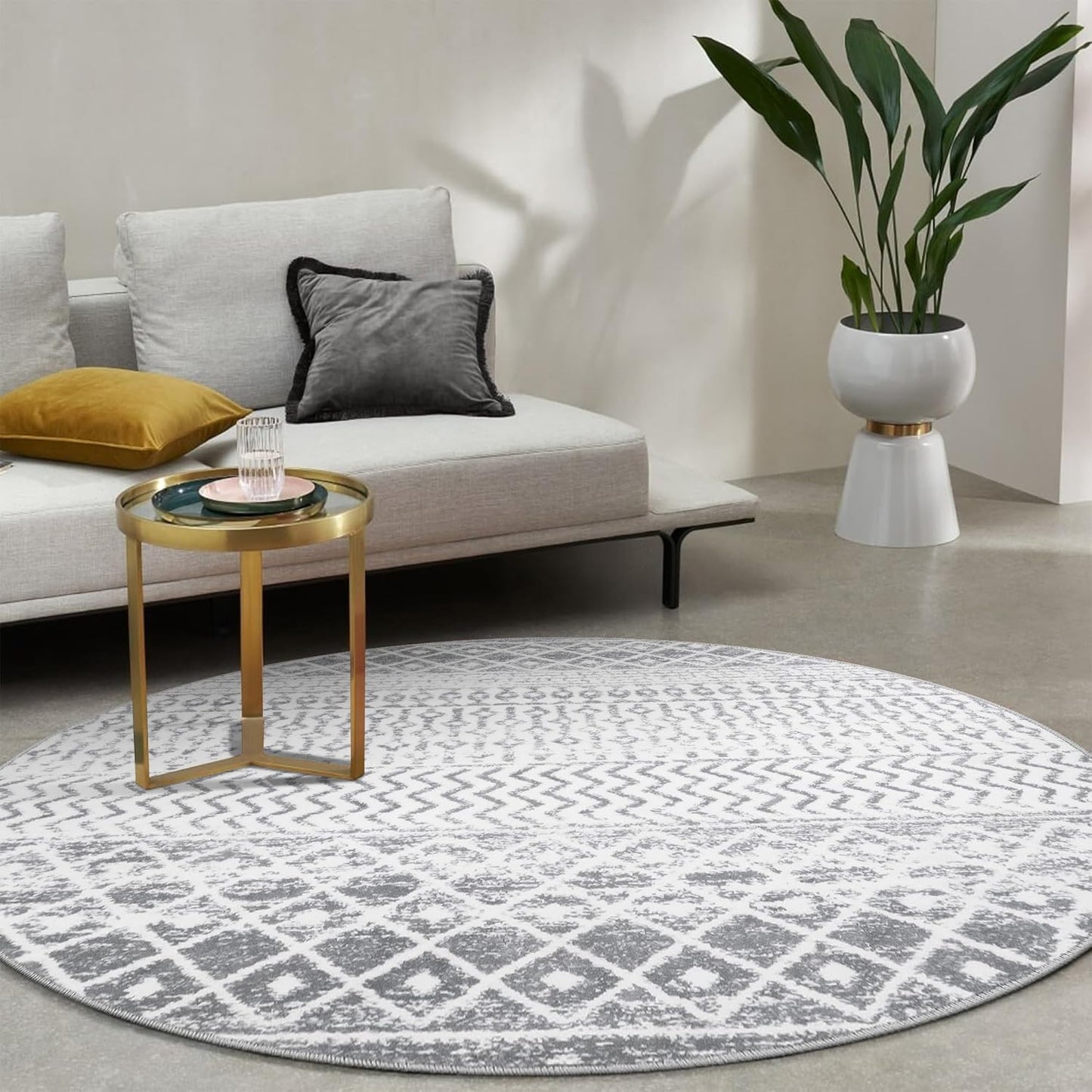 Grey Round Rug for Living Room, 5ft Soft Non-Slip Circle Large Area Rug, Modern Geometric Washable Dining Room Mat Throw Rug for Dorm Bedroom Nursery Entryway