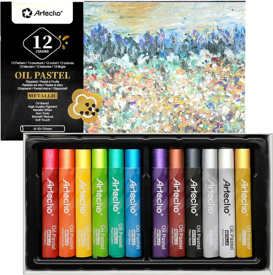 Artecho Metallic Oil Pastels Set of 12 Colors, Soft Oil Pastels for Art Painting, Drawing, Blending (10 x 70 mm)
