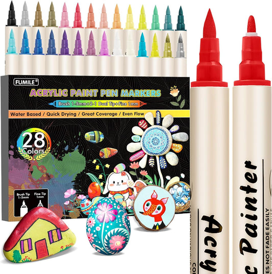 FUMILE 28 Colors Dual Tip Acrylic Paint Marker, Paint Pens paint Markers Fine Tip and Brush Tip for Rock,Wood,Plastic,Glass,Ceramic,Canvas.Acrylic Markers for Adult Coloring Book and Cards