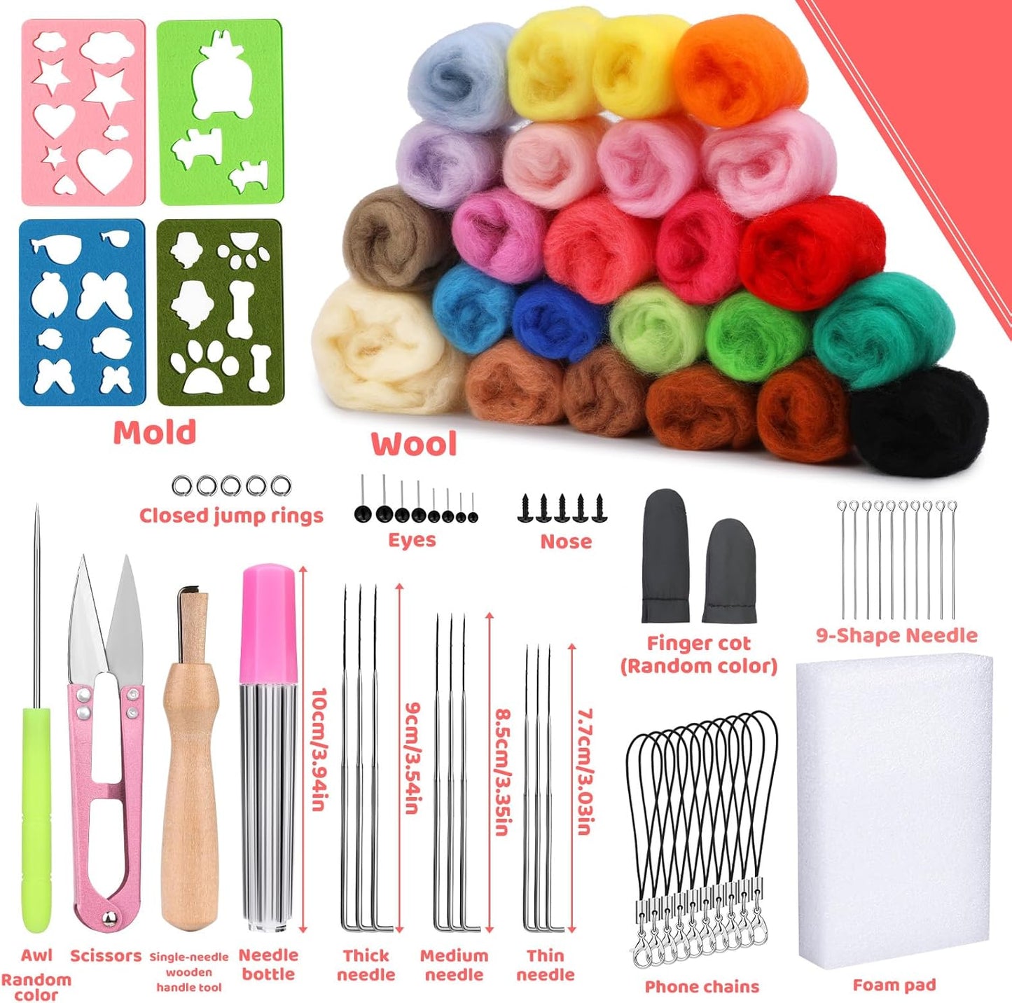 Yizzvb Needle Felting Kit, Wool Roving 24 Colors Set, Needle Wool Felting Tools Kit for Beginners, Needle Felting Starter Kits with Felting Needles for Felted Animal Needle Felting Supplies