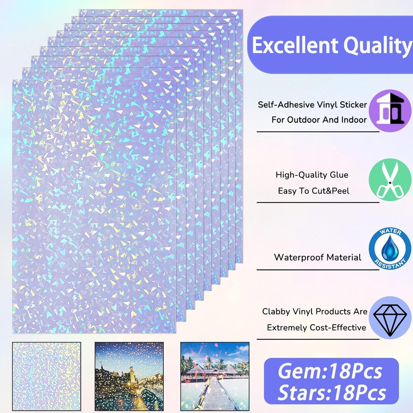 36 Sheets Holographic Sticker Paper Clear A4 Vinyl Sticker Paper Self Adhesive Waterproof Transparent Film Gem Rainbow Star Patterns, 11.7 x 8.3 Inch (Gem, Dot)