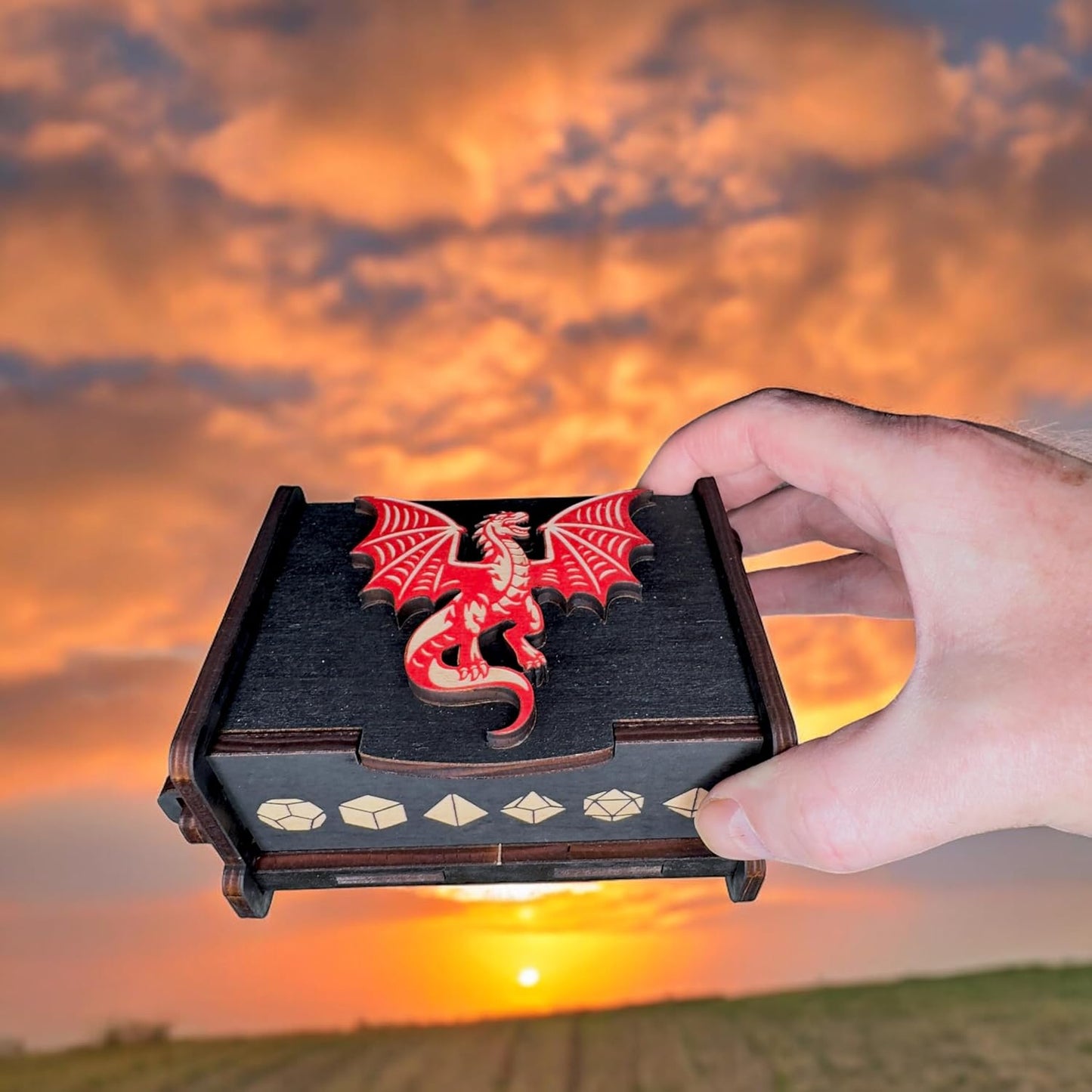 Dice Box - BLACK - 6x4x3 Also holds jewelry and great for desks and desk top items (The Red Dragon)