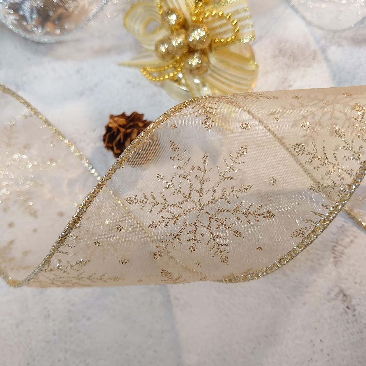 CT CRAFT LLC Organza with Champagne Gold Glitter Snowflakes Wired Ribbon 2.5 inch x 50 Yards for Christmas Home Decor Tree Topper Bow Gift Wrapping DIY Crafts Wreath Garland Wedding
