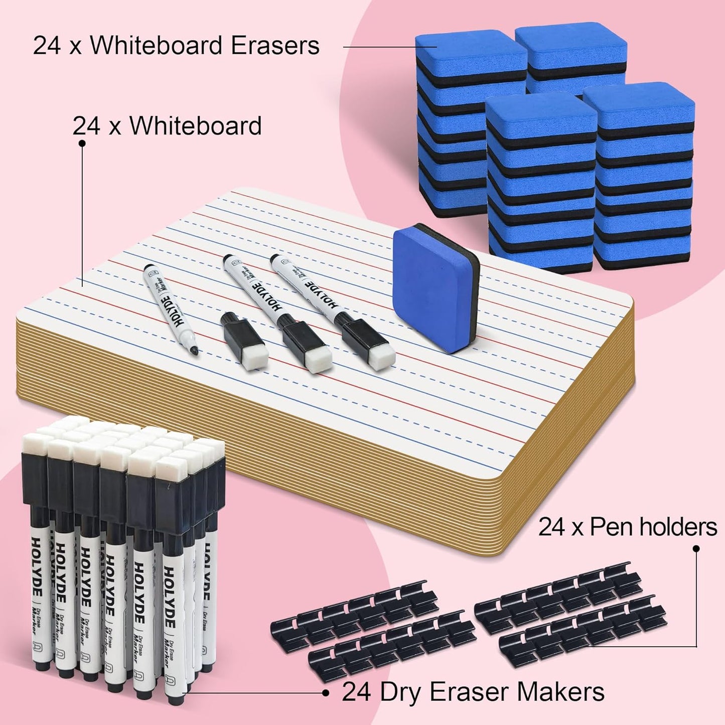 Set of 24 Dry Erase Boards, Double Sided Small Whiteboards with Lines for Kids, Students, Teacher & Classroom Pack, 9"x12" Mini Individual White Boards Lined for Writing with 24 Makers, 24 Erasers