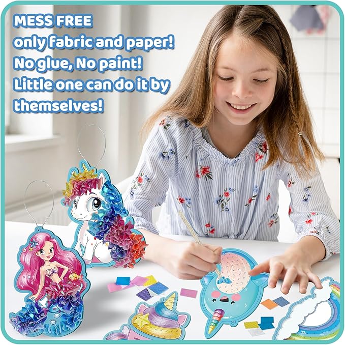 8 Packs Poke in Crafts Art Kits for Girl, Unicorn Mermaid Mess Free Kids' Paper Craft Kits, Birthday Gift for Girls 4 5 6 7 8 9 Years Old, DIY Presents, Mess Free Art Activity