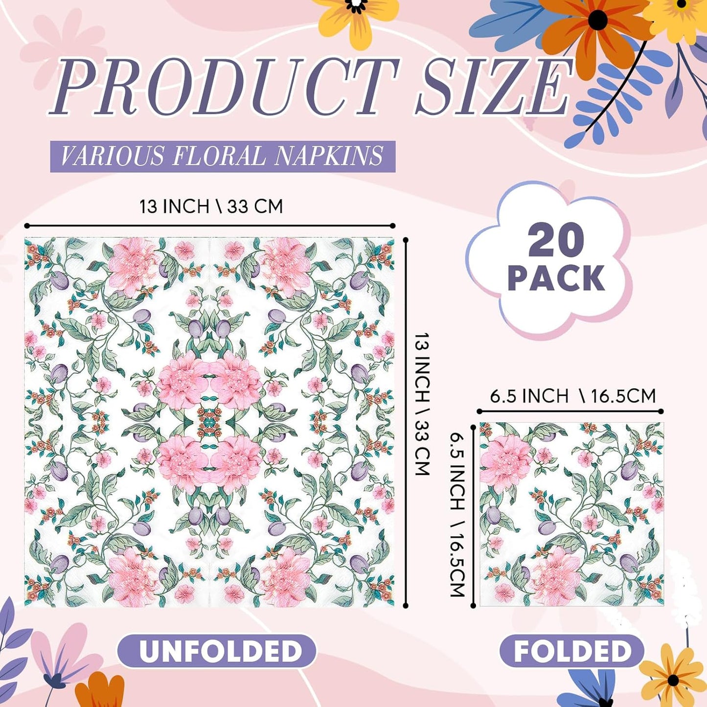 Crtiin 20 Pack Assorted Floral Napkins for Decoupage Toilet Napkins Flower Cocktail Decorative Paper for Birthday Party Beautiful Gorgeous, 20 Styles Each 6.5 inches(Style 9)
