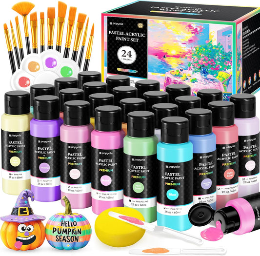 40 PCS Pastel Acrylic Paint Set with 12 Brushes, 2 Knives & Palette, 24 Colors (2oz/60ml) Art Craft Paint for Adults Kids Artists Beginners, Halloween Pumpkin Canvas Ceramic Rock Painting Kit