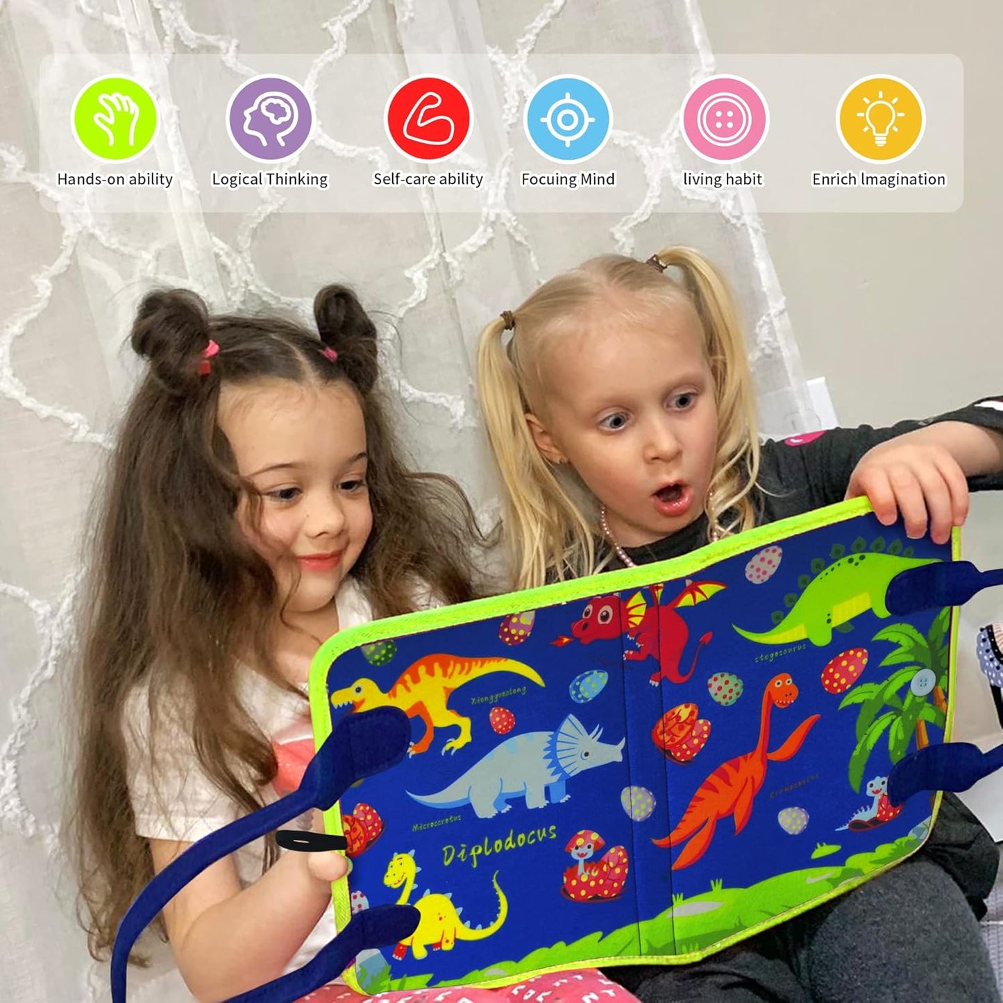 Dinosaur Montessori Learning Toy for Toddlers Ages 1-4 Years, Busy Sensory Board with Educational Activities, Travel-Friendly Developmental Skills Toy