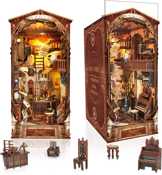 DIY Book Nook Kit,New DIY Dollhouse Booknook Bookshelf Insert Decor,3D Wooden Puzzles with LED,Book Nook Miniature Kit,Birthday Easter Home Decor for Teens Adult-Magic World