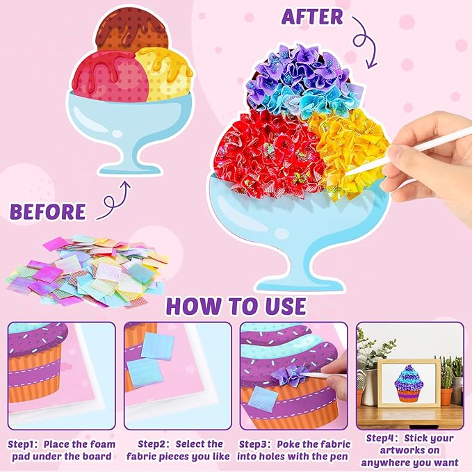 8PCS Poke-in Craft and Art Kit Dessert Cake Theme No-Mess Fabric Sewing Art Puzzle Puncture Painting Ice Cream Donut Toy Gift for Creative Activity Game Birthday Party
