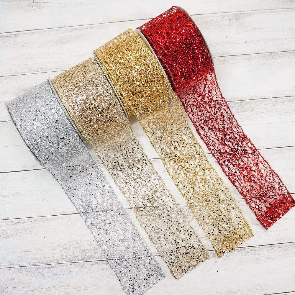 CT CRAFT LLC Sparkling Glitter Mesh Wired Ribbon 2.5" x 10 Yards Silver for Christmas Home Decor Bow Gift Wrapping DIY Crafts Wreath