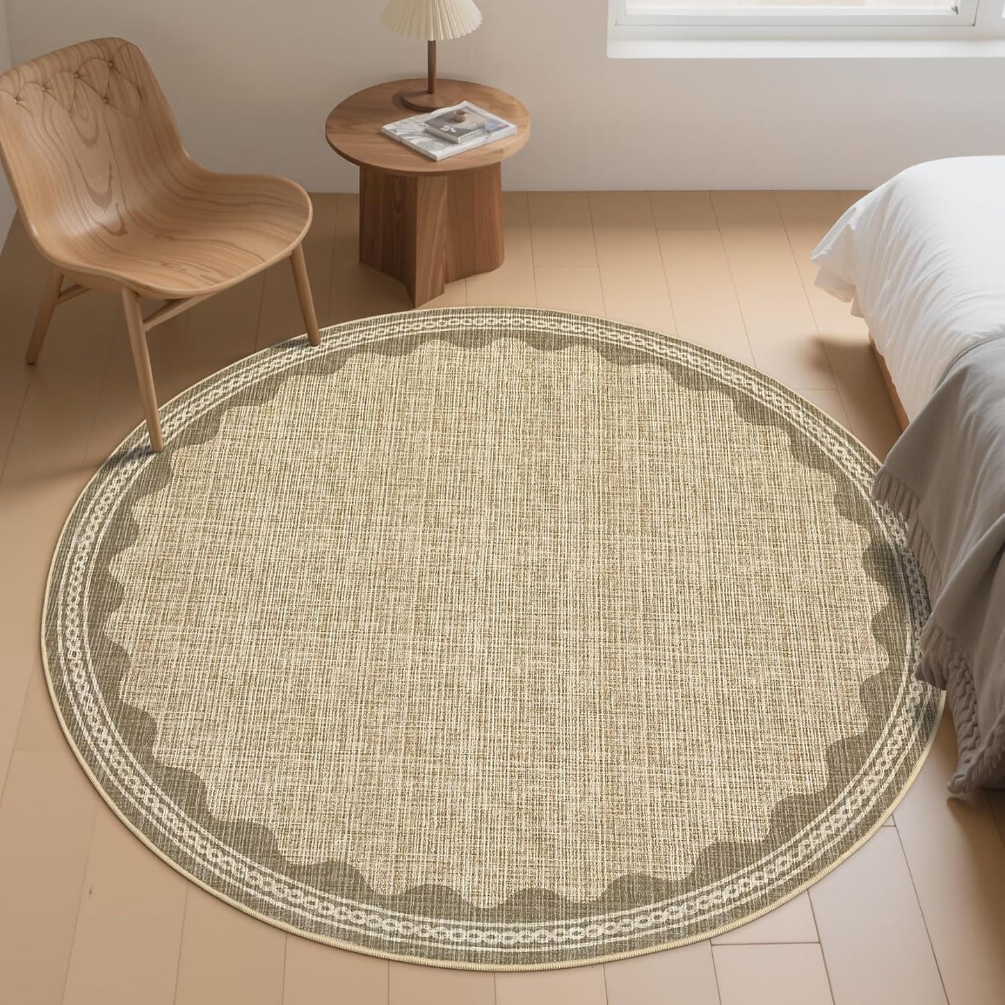 Scalloped Round Rug 6ft, Small Area Rugs Solid JuteRug for Bedroom Girls, Washable Rugs for Living Room, Non Slip Scalloped Round Bath Mat, Soft Dorm Nursery Carpet for Bedside