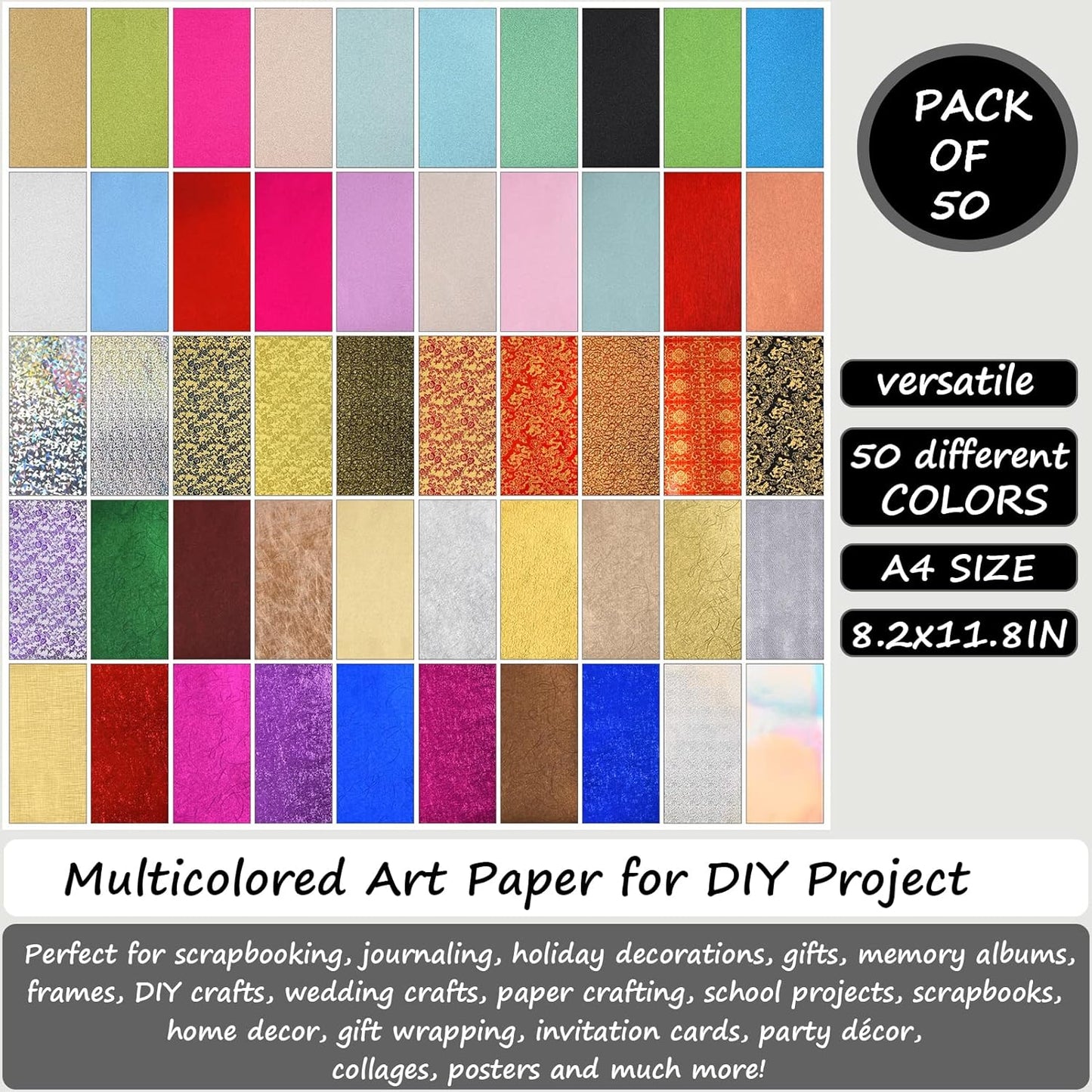 A4 Glitter Embossed Metallic Foil Paper Pack - 50 Sheets Assorted Colors & Designs Sparkly Holographic Premium Construction Paper for Gift Box Wrapping Birthday Party Scrapbook Paper