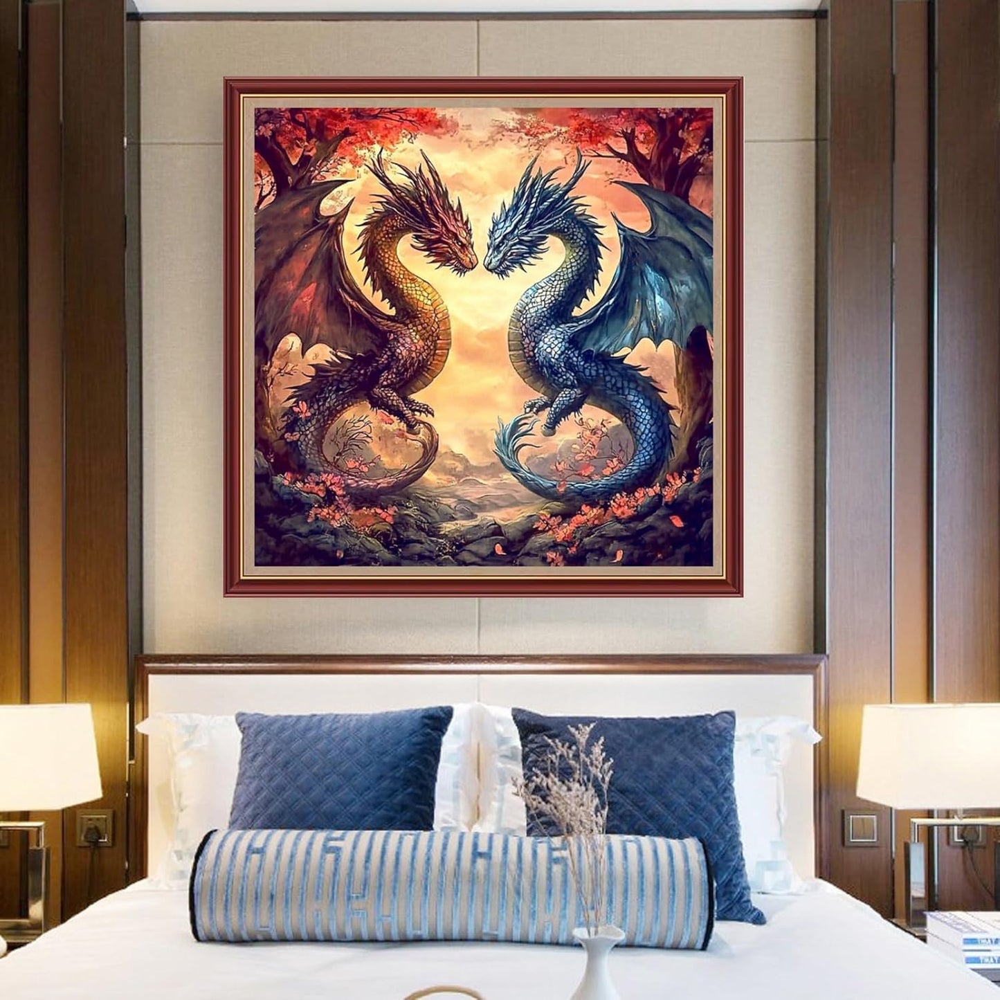 DMCXART Counted Cross Stitch Kits for Adults Needlepoint Kits Unprinted Cross Stitching Embroidery Kit 11CT Cross Stitch Supplies-Two Magical Dragons 18x18 inch