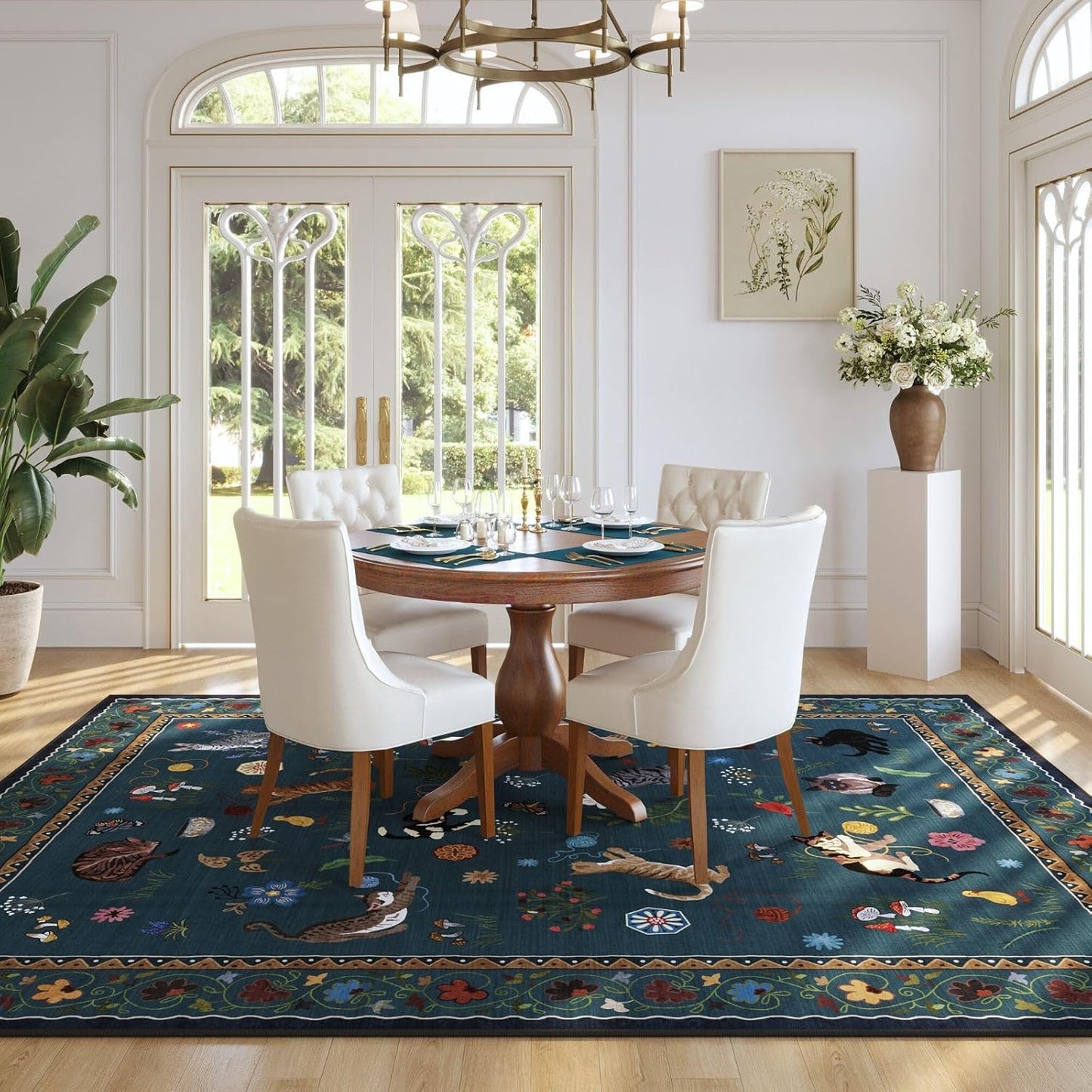 Rugcomf Area Rugs 8x10 Rug for Living Room Clearance Washable Boho Area Rug Non Slip Floral Animal Cat Vintage Low Pile Large Rug for Bedroom Farmhouse Dining Room Kids Playroom, Pearl Gentian Blue