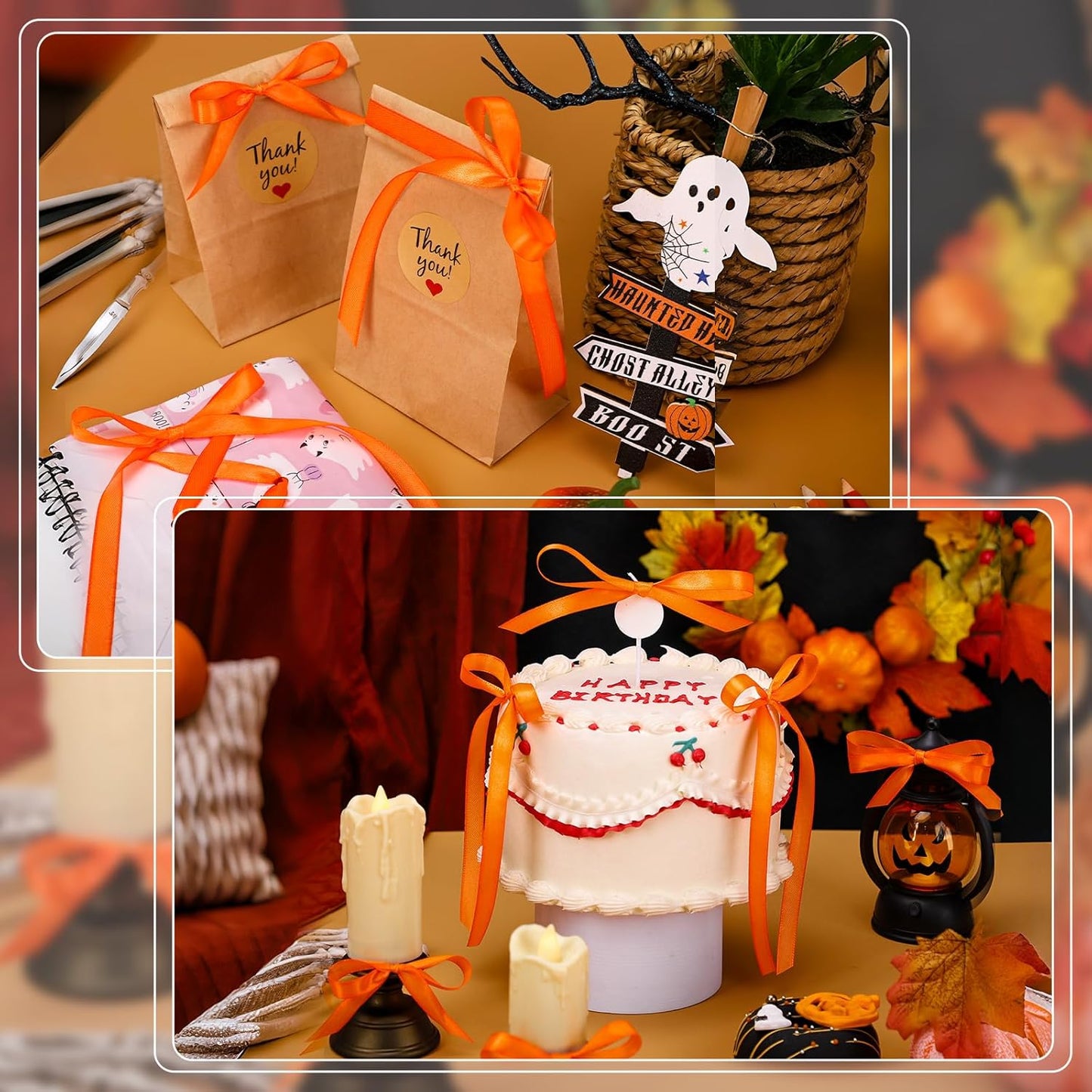 Orange Ribbon 3/8 Inch 120 Yards Thin Ribbons Halloween Satin Ribbon for Fall Decor Hair Bows Sewing DIY Crafts Balloon String Gift Wrapping