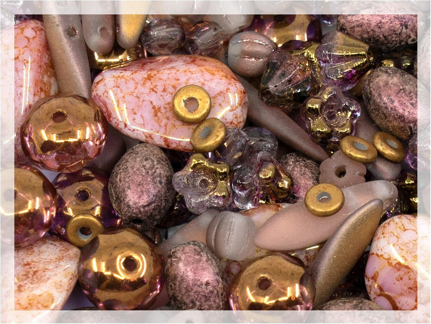 2.1oz (60 g) Mix of Unique Czech Bohemia Glass Pressed Beads, Matte and Glossy, Hand Made, Antique Copper Pink