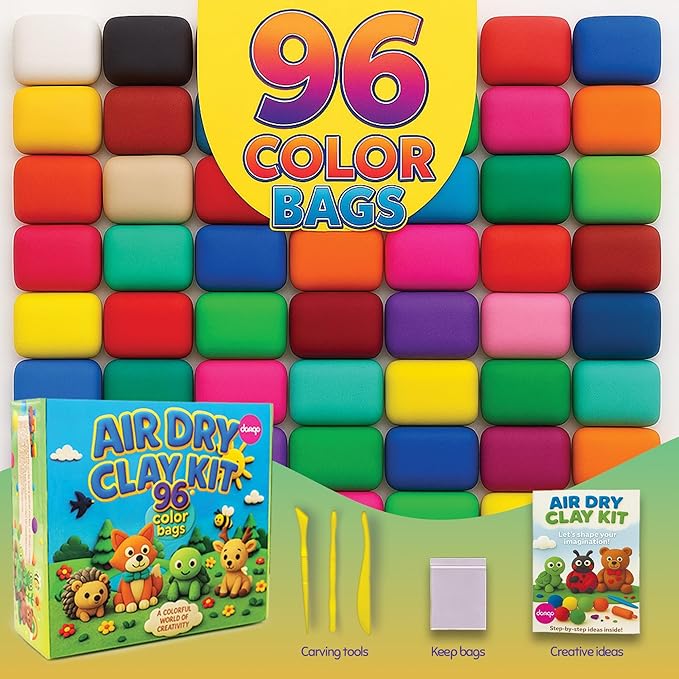 Air Dry Clay Kit 96 Colors for Kids, Lightweight and Non-Sticky Modeling Clay with Sculpting Tools and Storage Bags, DIY Arts and Crafts Gift for Boys and Girls Ages 3+