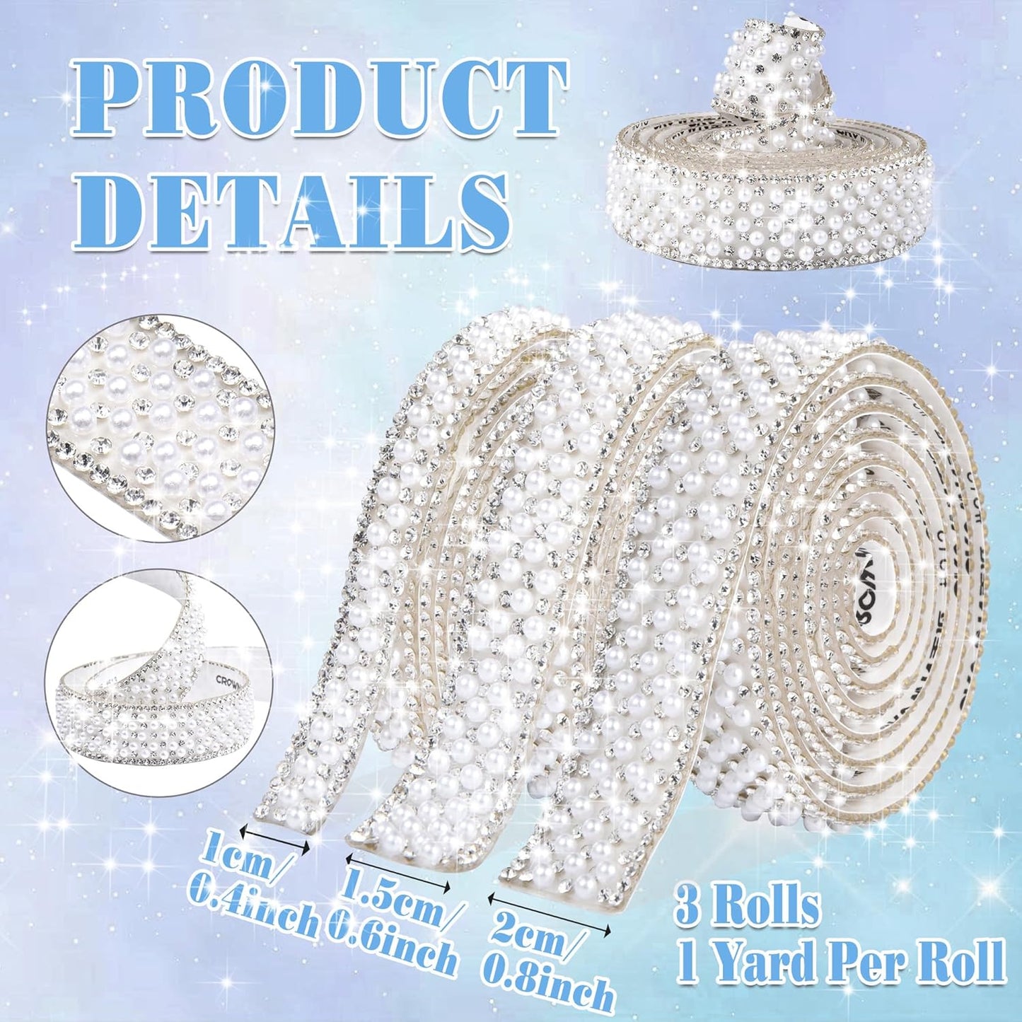 3 Rolls Bling Pearl Rhinestone Ribbon Crystal Strips, Self Adhesive Pearl Crystal Sticker Rhinestone Tape for DIY Car&Craft Wedding Christmas Decoration