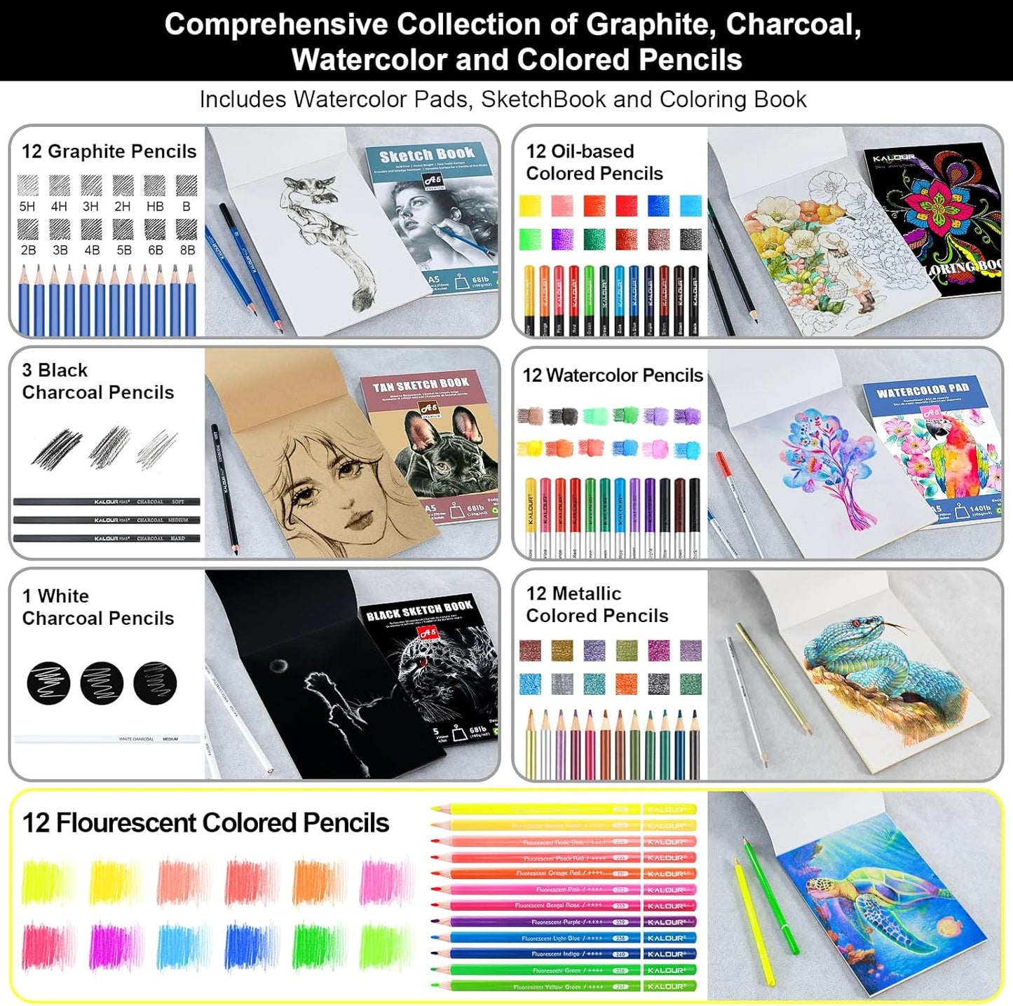 82 Drawing Set Sketching Kit, Art Set with Fluorescent, Colored, Watercolor, Metallic, Graphite, Charcoal Pencils, 5 Sketchbook and Coloring Book, Gift for Artists Adults Teens Beginner